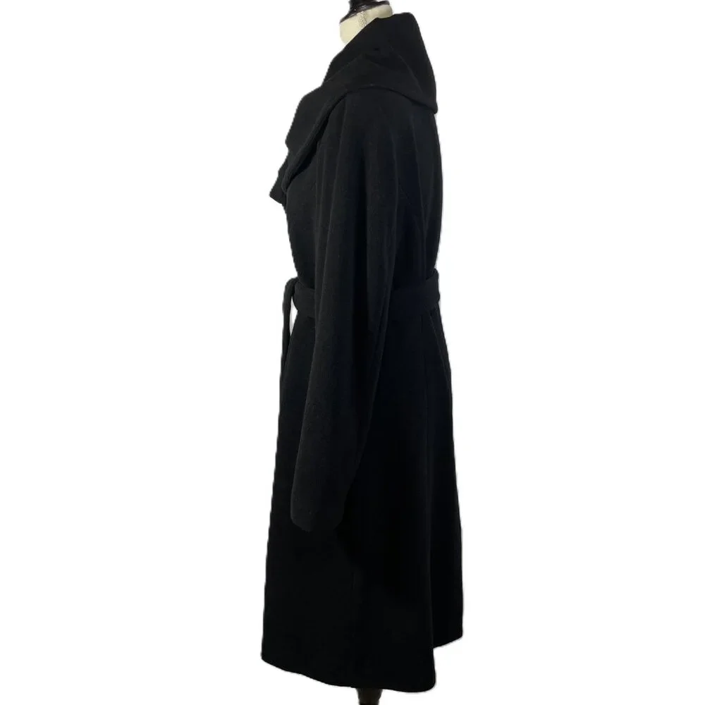 Calvin Klein Wool Blend Belted Tailored Black Coat Collared Knee Length Size 12 - Picture 2 of 16